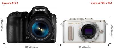 Größenvergleich: Samsung NX30 vs. OM System PEN E-PL8 Größenvergleich: Samsung NX30 vs. OM System PEN E-PL8