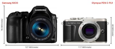 Größenvergleich: Samsung NX30 vs. OM System PEN E-PL9