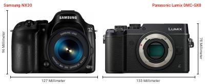 Größenvergleich: Samsung NX30 vs. Panasonic Lumix DMC-GX8 Größenvergleich: Samsung NX30 vs. Panasonic Lumix DMC-GX8