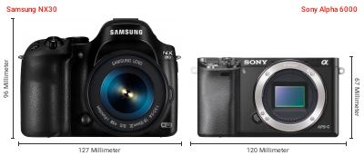 Größenvergleich: Samsung NX30 vs. Sony Alpha 6000 Größenvergleich: Samsung NX30 vs. Sony Alpha 6000