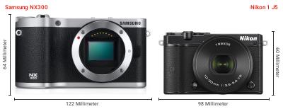 Größenvergleich: Samsung NX300 vs. Nikon 1 J5