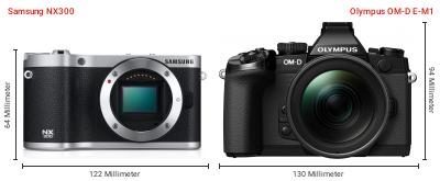 Größenvergleich: Samsung NX300 vs. OM System OM-D E-M1 Größenvergleich: Samsung NX300 vs. OM System OM-D E-M1