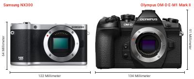 Größenvergleich: Samsung NX300 vs. OM System OM-D E-M1 Mark II Größenvergleich: Samsung NX300 vs. OM System OM-D E-M1 Mark II