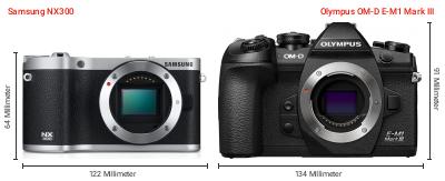Größenvergleich: Samsung NX300 vs. OM System OM-D E-M1 Mark III Größenvergleich: Samsung NX300 vs. OM System OM-D E-M1 Mark III