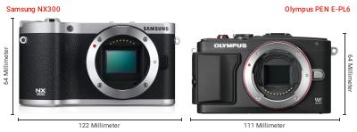 Größenvergleich: Samsung NX300 vs. OM System PEN E-PL6 Größenvergleich: Samsung NX300 vs. OM System PEN E-PL6