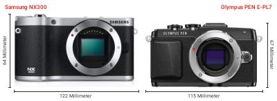 Größenvergleich: Samsung NX300 vs. OM System PEN E-PL7 Größenvergleich: Samsung NX300 vs. OM System PEN E-PL7