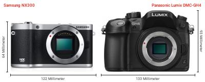 Größenvergleich: Samsung NX300 vs. Panasonic Lumix DMC-GH4 Größenvergleich: Samsung NX300 vs. Panasonic Lumix DMC-GH4