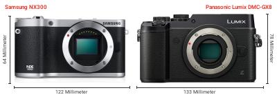 Größenvergleich: Samsung NX300 vs. Panasonic Lumix DMC-GX8 Größenvergleich: Samsung NX300 vs. Panasonic Lumix DMC-GX8