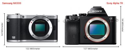 Größenvergleich: Samsung NX300 vs. Sony Alpha 7R Größenvergleich: Samsung NX300 vs. Sony Alpha 7R