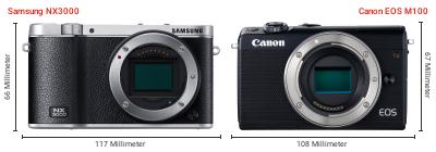Größenvergleich: Samsung NX3000 vs. Canon EOS M100 Größenvergleich: Samsung NX3000 vs. Canon EOS M100