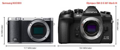 Größenvergleich: Samsung NX3000 vs. OM System OM-D E-M1 Mark III Größenvergleich: Samsung NX3000 vs. OM System OM-D E-M1 Mark III