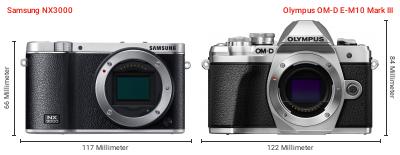 Größenvergleich: Samsung NX3000 vs. OM System OM-D E-M10 Mark III Größenvergleich: Samsung NX3000 vs. OM System OM-D E-M10 Mark III