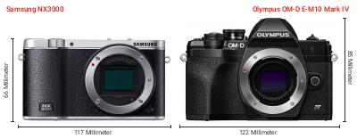 Größenvergleich: Samsung NX3000 vs. OM System OM-D E-M10 Mark IV Größenvergleich: Samsung NX3000 vs. OM System OM-D E-M10 Mark IV