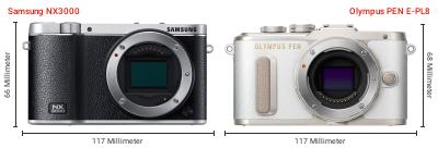 Größenvergleich: Samsung NX3000 vs. OM System PEN E-PL8 Größenvergleich: Samsung NX3000 vs. OM System PEN E-PL8