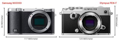 Größenvergleich: Samsung NX3000 vs. OM System PEN-F