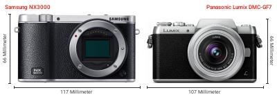 Größenvergleich: Samsung NX3000 vs. Panasonic Lumix DMC-GF7