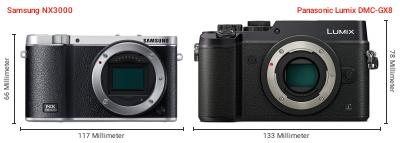 Größenvergleich: Samsung NX3000 vs. Panasonic Lumix DMC-GX8 Größenvergleich: Samsung NX3000 vs. Panasonic Lumix DMC-GX8