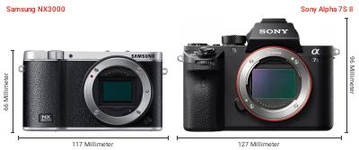 Größenvergleich: Samsung NX3000 vs. Sony Alpha 7S II Größenvergleich: Samsung NX3000 vs. Sony Alpha 7S II