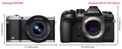 Größenvergleich: Samsung NX300M vs. OM System OM-D E-M1 Mark II