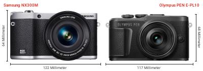 Größenvergleich: Samsung NX300M vs. OM System PEN E-PL10