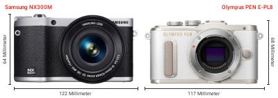 Größenvergleich: Samsung NX300M vs. OM System PEN E-PL8 Größenvergleich: Samsung NX300M vs. OM System PEN E-PL8