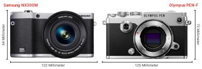 Größenvergleich: Samsung NX300M vs. OM System PEN-F Größenvergleich: Samsung NX300M vs. OM System PEN-F