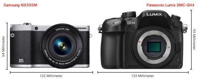Größenvergleich: Samsung NX300M vs. Panasonic Lumix DMC-GH4 Größenvergleich: Samsung NX300M vs. Panasonic Lumix DMC-GH4