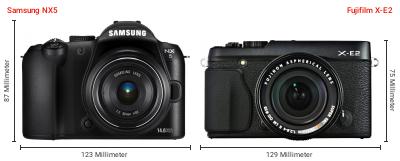 Größenvergleich: Samsung NX5 vs. Fujifilm X-E2 Größenvergleich: Samsung NX5 vs. Fujifilm X-E2