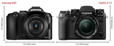 Größenvergleich: Samsung NX5 vs. Fujifilm X-T2 Größenvergleich: Samsung NX5 vs. Fujifilm X-T2