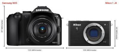 Größenvergleich: Samsung NX5 vs. Nikon 1 J4 Größenvergleich: Samsung NX5 vs. Nikon 1 J4