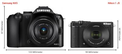 Größenvergleich: Samsung NX5 vs. Nikon 1 J5