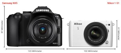Größenvergleich: Samsung NX5 vs. Nikon 1 S1 Größenvergleich: Samsung NX5 vs. Nikon 1 S1