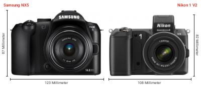 Größenvergleich: Samsung NX5 vs. Nikon 1 V2 Größenvergleich: Samsung NX5 vs. Nikon 1 V2
