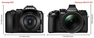 Größenvergleich: Samsung NX5 vs. OM System OM-D E-M1 Größenvergleich: Samsung NX5 vs. OM System OM-D E-M1