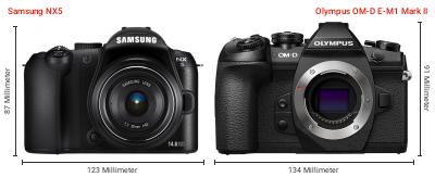 Größenvergleich: Samsung NX5 vs. OM System OM-D E-M1 Mark II Größenvergleich: Samsung NX5 vs. OM System OM-D E-M1 Mark II