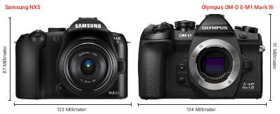 Größenvergleich: Samsung NX5 vs. OM System OM-D E-M1 Mark III Größenvergleich: Samsung NX5 vs. OM System OM-D E-M1 Mark III