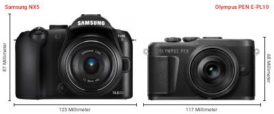 Größenvergleich: Samsung NX5 vs. OM System PEN E-PL10 Größenvergleich: Samsung NX5 vs. OM System PEN E-PL10