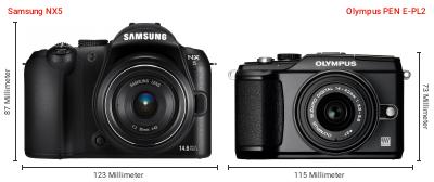 Größenvergleich: Samsung NX5 vs. OM System PEN E-PL2 Größenvergleich: Samsung NX5 vs. OM System PEN E-PL2