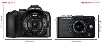 Größenvergleich: Samsung NX5 vs. OM System PEN E-PL3 Größenvergleich: Samsung NX5 vs. OM System PEN E-PL3