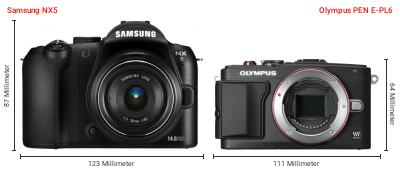 Größenvergleich: Samsung NX5 vs. OM System PEN E-PL6 Größenvergleich: Samsung NX5 vs. OM System PEN E-PL6