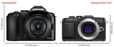 Größenvergleich: Samsung NX5 vs. OM System PEN E-PL7 Größenvergleich: Samsung NX5 vs. OM System PEN E-PL7