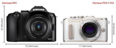 Größenvergleich: Samsung NX5 vs. OM System PEN E-PL8 Größenvergleich: Samsung NX5 vs. OM System PEN E-PL8