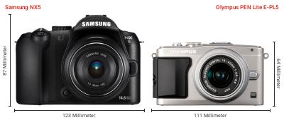 Größenvergleich: Samsung NX5 vs. OM System PEN Lite E-PL5 Größenvergleich: Samsung NX5 vs. OM System PEN Lite E-PL5