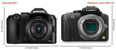 Größenvergleich: Samsung NX5 vs. Panasonic Lumix DMC-G3 Größenvergleich: Samsung NX5 vs. Panasonic Lumix DMC-G3