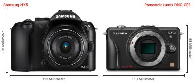Größenvergleich: Samsung NX5 vs. Panasonic Lumix DMC-GF2 Größenvergleich: Samsung NX5 vs. Panasonic Lumix DMC-GF2