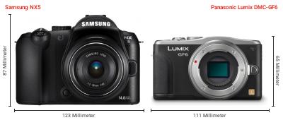 Größenvergleich: Samsung NX5 vs. Panasonic Lumix DMC-GF6 Größenvergleich: Samsung NX5 vs. Panasonic Lumix DMC-GF6