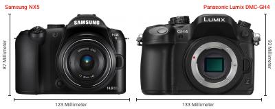 Größenvergleich: Samsung NX5 vs. Panasonic Lumix DMC-GH4 Größenvergleich: Samsung NX5 vs. Panasonic Lumix DMC-GH4
