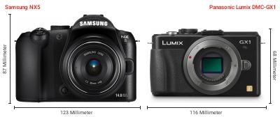 Größenvergleich: Samsung NX5 vs. Panasonic Lumix DMC-GX1 Größenvergleich: Samsung NX5 vs. Panasonic Lumix DMC-GX1