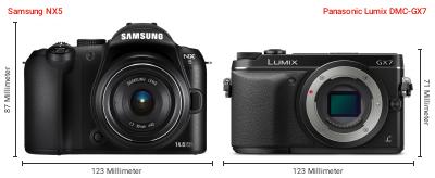 Größenvergleich: Samsung NX5 vs. Panasonic Lumix DMC-GX7 Größenvergleich: Samsung NX5 vs. Panasonic Lumix DMC-GX7