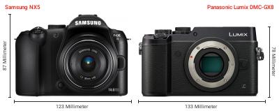 Größenvergleich: Samsung NX5 vs. Panasonic Lumix DMC-GX8 Größenvergleich: Samsung NX5 vs. Panasonic Lumix DMC-GX8